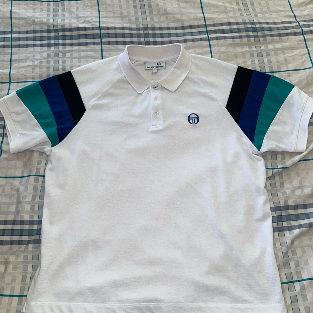 Authentic Sergio Tacchini White Polo with Blue and Green Stripes Polo shirt